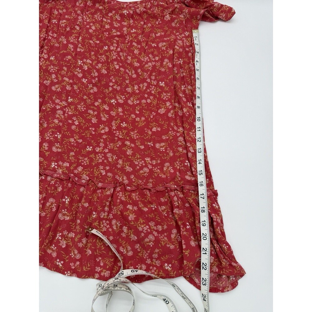 Boho Red Floral Mini Dress L Cottagecore Flutter Sleeve Peasant Ruffle Prairie - Picture 8 of 8